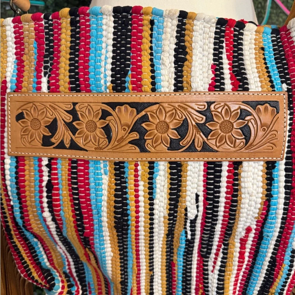 American Darling Hand Tooled Leather Multicolor Striped Saddle Bag‎ w/Fringe NWT